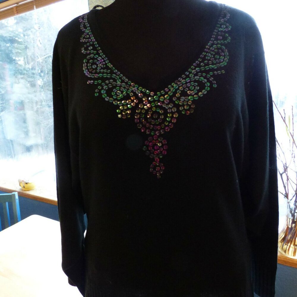 METROSTYLE BLACK GOTH 80'S STYLE V-NECK SEQUINS LONG SLEEVE SWEATER PEASANT XL